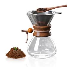 Cafetière Filtre en Verre 400ML avec Col en Bois et Filtre Inoxydable