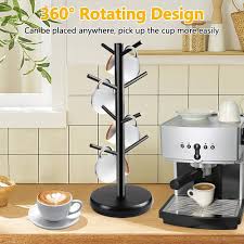 Support à Tasses en Bois Rotatif 360° avec 8 Crochets